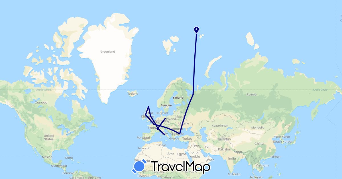 TravelMap itinerary: driving in Bulgaria, Switzerland, Germany, France, United Kingdom, Italy, Russia (Europe)